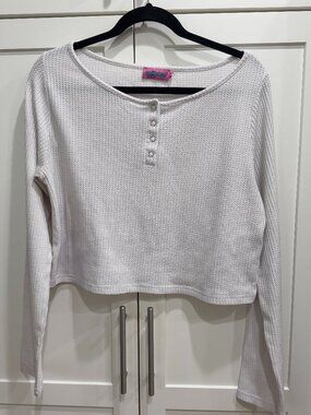 Edikted Women's Top, White, Long Sleeve, XL, Waffle Design, Crop Top